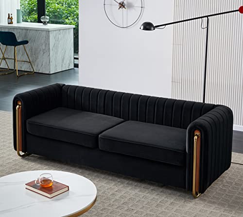 Melpomene Vertical Channel Tufted Velvet Sofa with Round Arm and Gold Metal Legs,Armrest 84.25" W（Black）