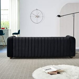 Melpomene Vertical Channel Tufted Velvet Sofa with Round Arm and Gold Metal Legs,Armrest 84.25" W（Black）