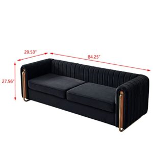 Melpomene Vertical Channel Tufted Velvet Sofa with Round Arm and Gold Metal Legs,Armrest 84.25" W（Black）