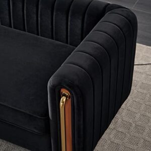 Melpomene Vertical Channel Tufted Velvet Sofa with Round Arm and Gold Metal Legs,Armrest 84.25" W（Black）