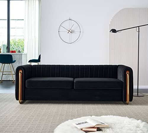 Melpomene Vertical Channel Tufted Velvet Sofa with Round Arm and Gold Metal Legs,Armrest 84.25" W（Black）