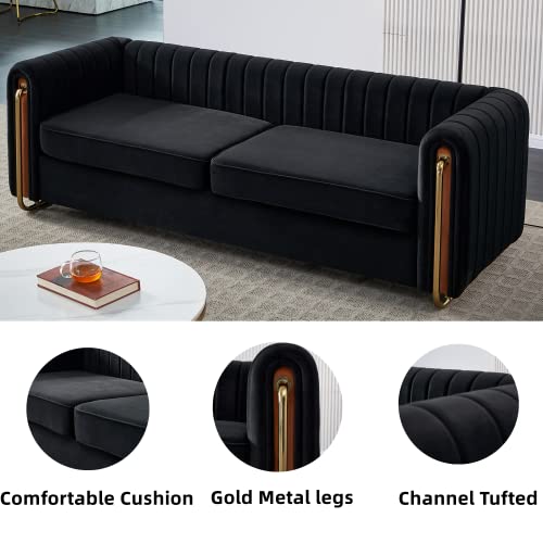 Melpomene Vertical Channel Tufted Velvet Sofa with Round Arm and Gold Metal Legs,Armrest 84.25" W（Black）