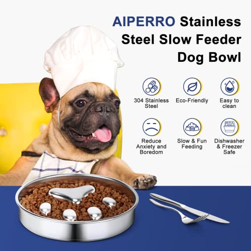 AIPERRO Slow Feeder Dog Bowls 304 Stainless Steel, 2 Cups Metal Food Bowls, Water Bowl for Small & Medium Sized Dogs, Fun Bloat Stop Pet Fast Eaters