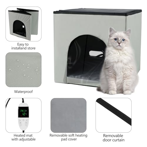 QUEARN Heated Cat House, Heating Cat Houses for Indoor Outdoor Kitty with Heating Pad, Foldable Heated Kitty House Cat Shelter for Your Pet to Stay Warm and Cozy