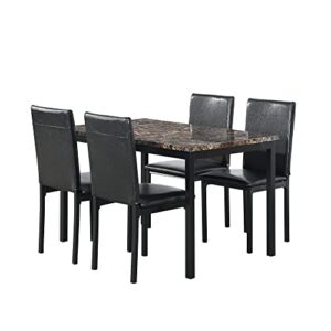 5-Piece Kitchen Dining Table Set for Dining Room, Kitchen, Dinette, Compact Space w/Modern Paper Faux Marble End Table Tabletop, 4-Piece Metal Frame Dining Seats - Black