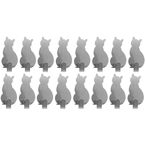 Zerodeko 16 Pack Adhesive Hooks Hat Hooks Hanger for Wall, Waterproof Stainless Steel Wall Hangers Sticky Hooks for Hanging Bathroom Kitchen Stick on Wall Hooks Cute Cat Shape