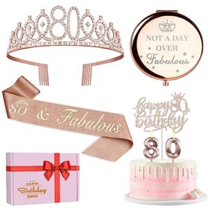 80th birthday decorations for women, including 80th birthday crown, sash, cake topper, candles and a compact mirror, rose gold not a day over fabulous 80th birthday gifts for women