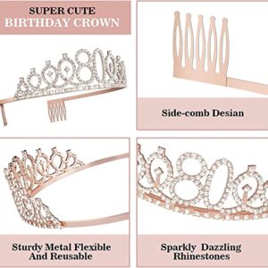 80th Birthday Decorations for Women, Including 80th Birthday Crown, Sash, Cake Topper, Candles and a Compact Mirror, Rose Gold Not A Day Over Fabulous 80th Birthday Gifts for Women