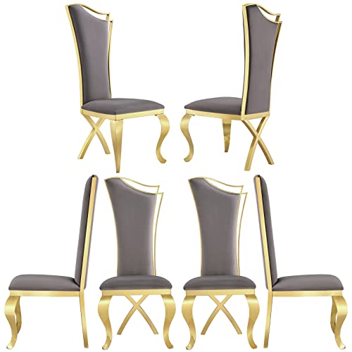 ACEDÉCOR Dining Room Chairs, Gray Velvet Upholstered Dining Chairs, Modern Dining Chairs with Gold Legs, Streamlined Back and Mirror X-Shaped Metal Legs, Gray high-Back Dining Chairs Set of 6