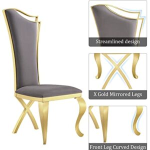 ACEDÉCOR Dining Room Chairs, Gray Velvet Upholstered Dining Chairs, Modern Dining Chairs with Gold Legs, Streamlined Back and Mirror X-Shaped Metal Legs, Gray high-Back Dining Chairs Set of 6
