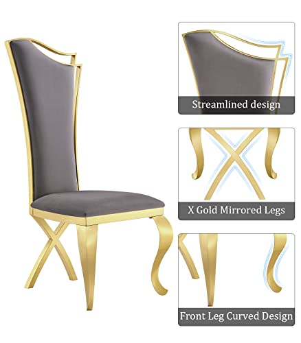 ACEDÉCOR Dining Room Chairs, Gray Velvet Upholstered Dining Chairs, Modern Dining Chairs with Gold Legs, Streamlined Back and Mirror X-Shaped Metal Legs, Gray high-Back Dining Chairs Set of 6