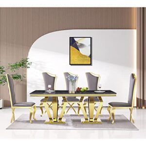 ACEDÉCOR Dining Room Chairs, Gray Velvet Upholstered Dining Chairs, Modern Dining Chairs with Gold Legs, Streamlined Back and Mirror X-Shaped Metal Legs, Gray high-Back Dining Chairs Set of 6