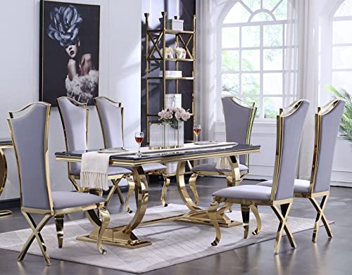 ACEDÉCOR Dining Room Chairs, Gray Velvet Upholstered Dining Chairs, Modern Dining Chairs with Gold Legs, Streamlined Back and Mirror X-Shaped Metal Legs, Gray high-Back Dining Chairs Set of 6