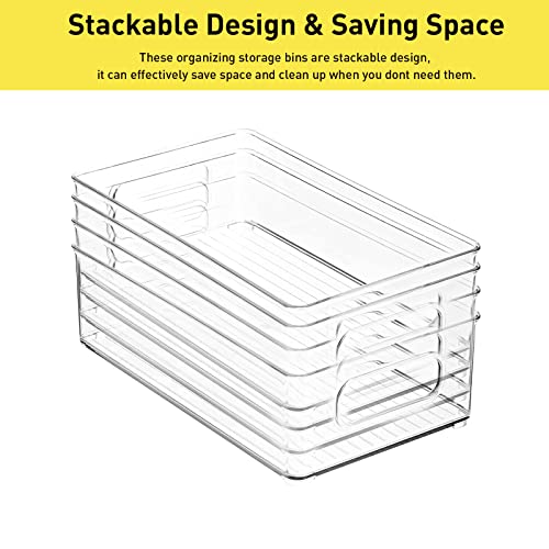 Ikaufen 4 Pack Stackable Refrigerator Organizer Bins, BPA Free Plastic Kitchen Storage Container Bins with Handles for Clear Organizer in Pantry, Cabinet, Refrigerator,Freezer Shelves,Drawer