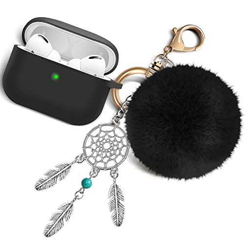 Woyinger Airpods Pro Case Cover with Keychain(Front LED Visible), Soft Silicone Protective Cover with Elegant Fluffy Fur Ball＆Dream Catchers Keychains, Shock-Proof Anti-Scratch Anti-Lost [Black]