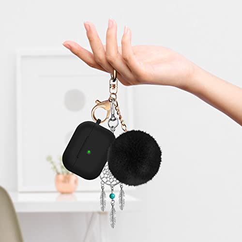 Woyinger Airpods Pro Case Cover with Keychain(Front LED Visible), Soft Silicone Protective Cover with Elegant Fluffy Fur Ball＆Dream Catchers Keychains, Shock-Proof Anti-Scratch Anti-Lost [Black]