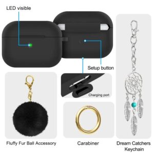 Woyinger Airpods Pro Case Cover with Keychain(Front LED Visible), Soft Silicone Protective Cover with Elegant Fluffy Fur Ball＆Dream Catchers Keychains, Shock-Proof Anti-Scratch Anti-Lost [Black]