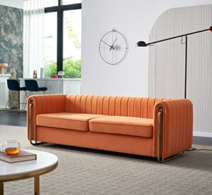 melpomene vertical channel tufted velvet sofa with round arm and gold metal legs,armrest 84.25" w（orange）