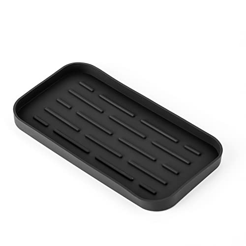 BuRuiJi Sponge Holder for Kitchen Sink,Silicone Sink Tray for Sponge, Soap Dispenser, Scrubber, and Other Kitchen Sink Accessories 10”x 5.3” (Black)