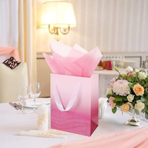 Jeyiour 24 Pcs Ombre Gift Bags Bulk with 48 Pcs Tissue Paper, 9 x 7 x 4 Inch, Glitter Graduation Paper Gift Bag, Packaging for Wedding Birthday Party Favor (Pink)