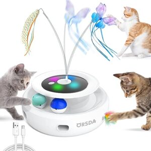 orsda 3-in-1 cat toys rechargeable, interactive cat toys for indoor cats automatic kitten toy, moving ambush feather, fluttering butterfly toy, track balls, whack a mole cat teaser with 6 attachments