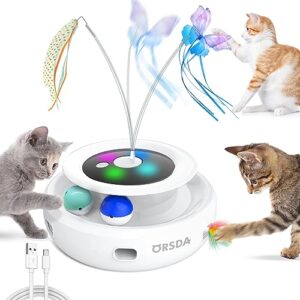 ORSDA 3-in-1 Cat Toys Rechargeable, Interactive Cat Toys for Indoor Cats Automatic Kitten Toy, Moving Ambush Feather, Fluttering Butterfly Toy, Track Balls, Whack a mole Cat Teaser with 6 Attachments