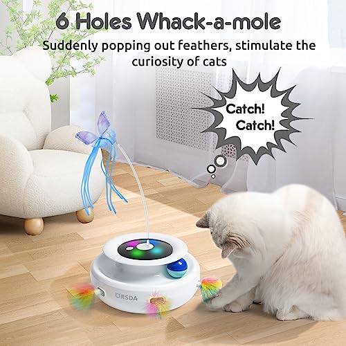 ORSDA 3-in-1 Cat Toys Rechargeable, Interactive Cat Toys for Indoor Cats Automatic Kitten Toy, Moving Ambush Feather, Fluttering Butterfly Toy, Track Balls, Whack a mole Cat Teaser with 6 Attachments