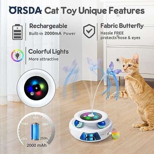 ORSDA 3-in-1 Cat Toys Rechargeable, Interactive Cat Toys for Indoor Cats Automatic Kitten Toy, Moving Ambush Feather, Fluttering Butterfly Toy, Track Balls, Whack a mole Cat Teaser with 6 Attachments