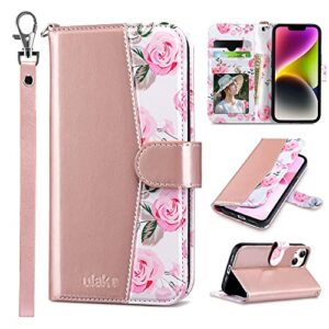 ulak compatible with iphone 14 wallet case for women, flower pattern pu leather flip cover with card holder and kickstand feature protective phone case designed for iphone 14 6.1 inch, rose gold