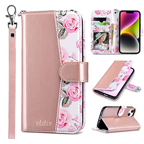 ULAK Compatible with iPhone 14 Wallet Case for Women, Flower Pattern PU Leather Flip Cover with Card Holder and Kickstand Feature Protective Phone Case Designed for iPhone 14 6.1 Inch, Rose Gold