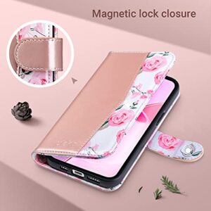 ULAK Compatible with iPhone 14 Wallet Case for Women, Flower Pattern PU Leather Flip Cover with Card Holder and Kickstand Feature Protective Phone Case Designed for iPhone 14 6.1 Inch, Rose Gold