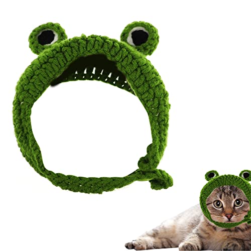 Toysructin Pet Cat Dog Costume Hat, Funny Frog Shape Weaving Cap Pets Grooming Accessories for Small Medium Large Cats Dogs, Handmade Knitted Big Eye Frog Headband for Kitten Puppy Halloween Cosplay