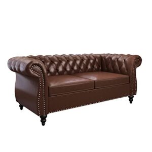 Chesterfield Loveseat, Modern Leather Sofa Tufted Couch 2 Seater with Rolled Arms and Nailhead for Living Room, Bedroom, Office, Apartment (Dark Brown)