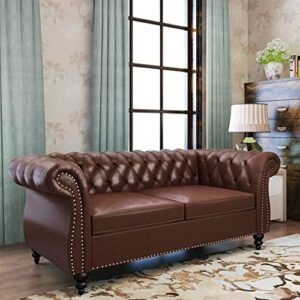 Chesterfield Loveseat, Modern Leather Sofa Tufted Couch 2 Seater with Rolled Arms and Nailhead for Living Room, Bedroom, Office, Apartment (Dark Brown)