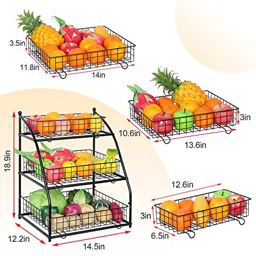 Fruit Basket for Kitchen Counter, 3-tier Fruit Holder Stand for Kitchen Countertop, Large Capacity Fruit Bowl Baskets for Kitchen Counter, Wire Baskets for Storage of Snack Produce Potato Onion