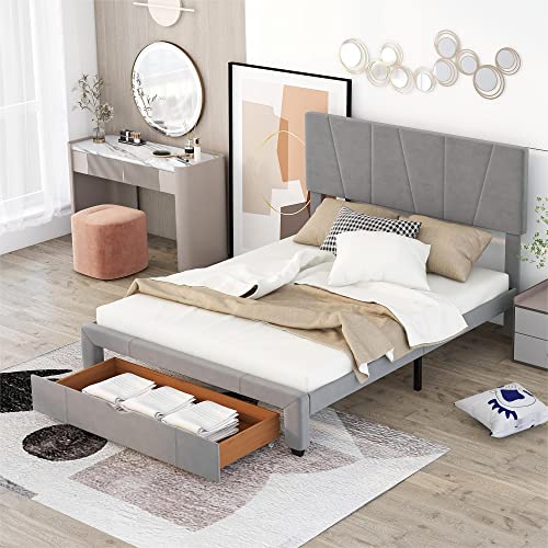 P PURLOVE Queen Size Upholstery Platform Bed with One Drawer Under Bed,Storage Upholstery Platform Bed Frame with Adjustable Headboard and Slat, No Box Spring Need