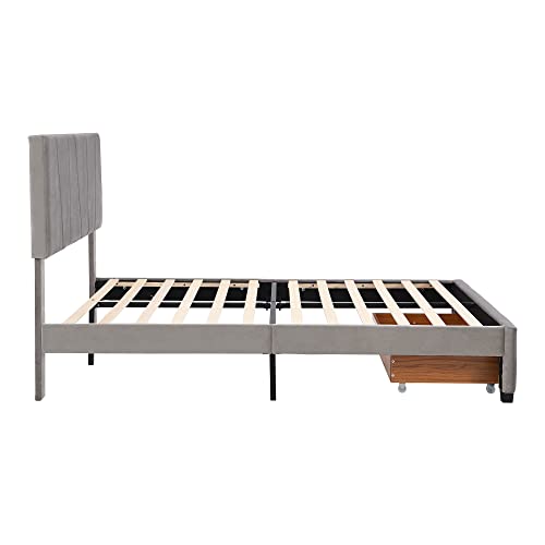 P PURLOVE Queen Size Upholstery Platform Bed with One Drawer Under Bed,Storage Upholstery Platform Bed Frame with Adjustable Headboard and Slat, No Box Spring Need