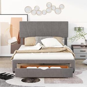 P PURLOVE Queen Size Upholstery Platform Bed with One Drawer Under Bed,Storage Upholstery Platform Bed Frame with Adjustable Headboard and Slat, No Box Spring Need
