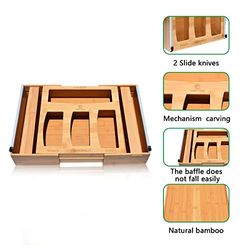 Expandable Bamboo Ziplock Bag Organizer, Drawer Organizer, Slide Cutters for Aluminum Foil and Plastic Wrap, Sandwich and Freezer Bags