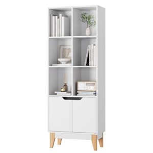 fotosok modern bookcase with doors, 3-tier tall bookshelf storage cabinet with 6 cubes and 4 pine legs, freestanding standard display book shelves for living room bathroom home office, white