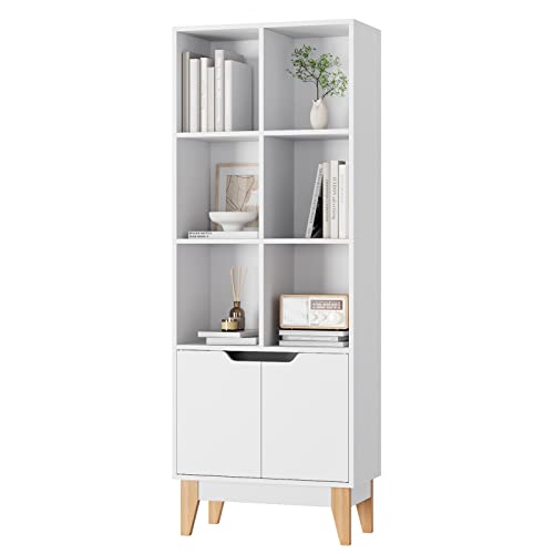 FOTOSOK Modern Bookcase with Doors, 3-Tier Tall Bookshelf Storage Cabinet with 6 Cubes and 4 Pine Legs, Freestanding Standard Display Book Shelves for Living Room Bathroom Home Office, White