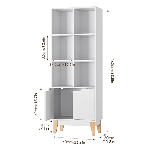 FOTOSOK Modern Bookcase with Doors, 3-Tier Tall Bookshelf Storage Cabinet with 6 Cubes and 4 Pine Legs, Freestanding Standard Display Book Shelves for Living Room Bathroom Home Office, White