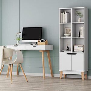 FOTOSOK Modern Bookcase with Doors, 3-Tier Tall Bookshelf Storage Cabinet with 6 Cubes and 4 Pine Legs, Freestanding Standard Display Book Shelves for Living Room Bathroom Home Office, White