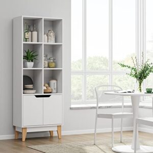 FOTOSOK Modern Bookcase with Doors, 3-Tier Tall Bookshelf Storage Cabinet with 6 Cubes and 4 Pine Legs, Freestanding Standard Display Book Shelves for Living Room Bathroom Home Office, White