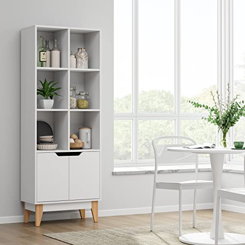 FOTOSOK Modern Bookcase with Doors, 3-Tier Tall Bookshelf Storage Cabinet with 6 Cubes and 4 Pine Legs, Freestanding Standard Display Book Shelves for Living Room Bathroom Home Office, White