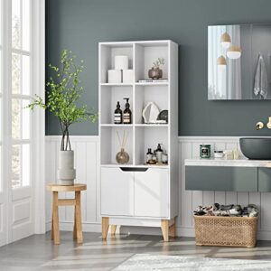 FOTOSOK Modern Bookcase with Doors, 3-Tier Tall Bookshelf Storage Cabinet with 6 Cubes and 4 Pine Legs, Freestanding Standard Display Book Shelves for Living Room Bathroom Home Office, White