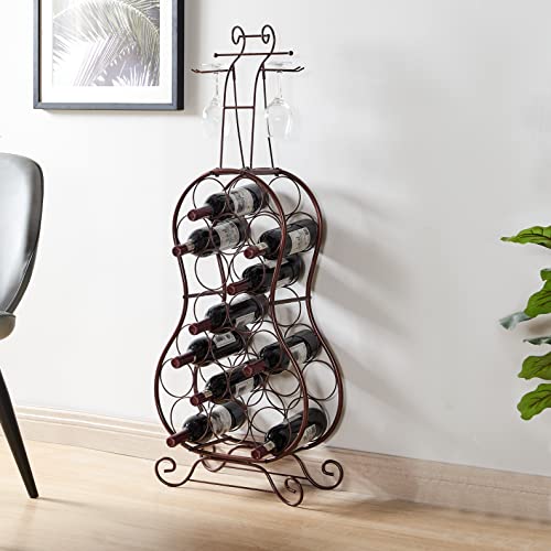 Kings Brand Furniture - Cello-Shaped Metal Standing Wine Rack, 19 Bottles with Wine Glass Holder, Bronze