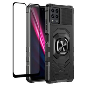 galaxy wireless for t-mobile revvl 6 pro 5g case w/tempered glass screen protector [military grade] ring car mount kickstand shockproof hard phone case - black
