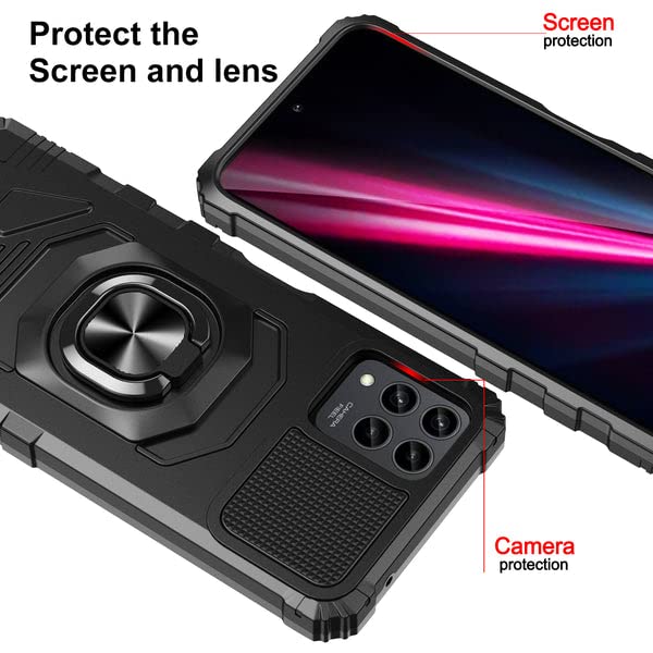 Galaxy Wireless for T-Mobile REVVL 6 Pro 5G Case w/Tempered Glass Screen Protector [Military Grade] Ring Car Mount Kickstand Shockproof Hard Phone Case - Black