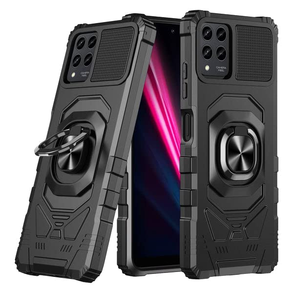 Galaxy Wireless for T-Mobile REVVL 6 Pro 5G Case w/Tempered Glass Screen Protector [Military Grade] Ring Car Mount Kickstand Shockproof Hard Phone Case - Black